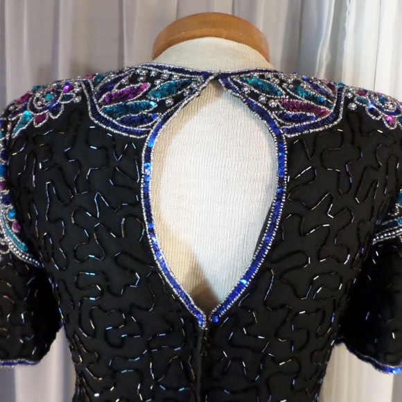 Silk Size 6 Dress Bead Sequin Black Red Gold VTG - Picture 2 of 8